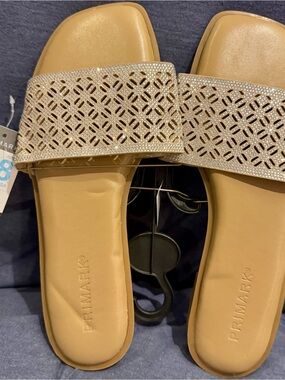 Primark NWT Rhinestone Slide Sandals Beige Nude Sparkle Flat Sandals Size 8